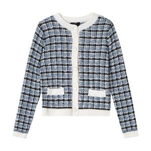 Tahari Navy LIght Blue Sand Ivory Combo Crop Tweed Jacket Size XL